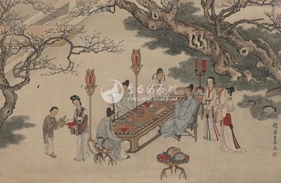 1964年赵蕴玉李白诗意画《春夜宴桃李园》横幅