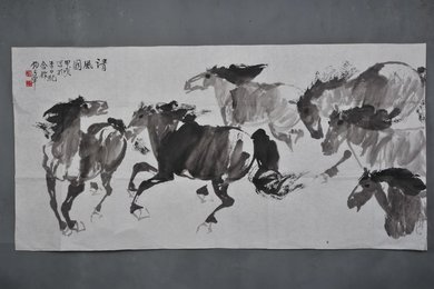 1994年邓文华群马清风图横幅